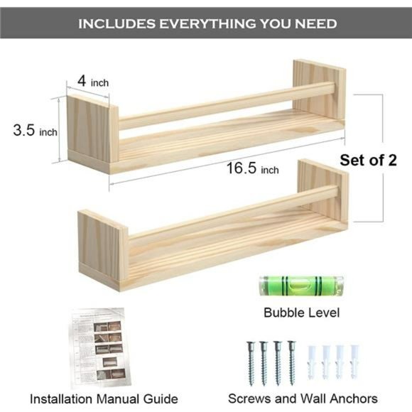 Set of 2 Natural Wood Floating Book Shelves for Kids Room (16.5Lx4W) - Picture 7 of 7